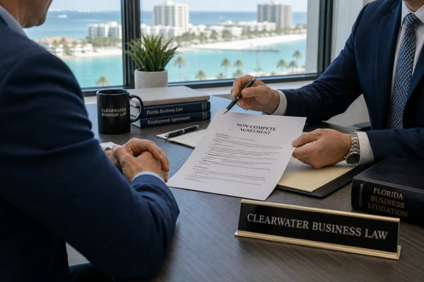 Business owner reviewing restrictive covenant agreement with Clearwater attorney