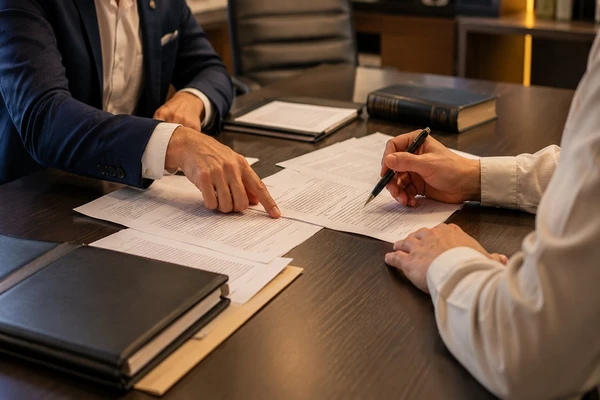 Business owner reviewing breach of contract documents with attorney at Clearwater Business Law office