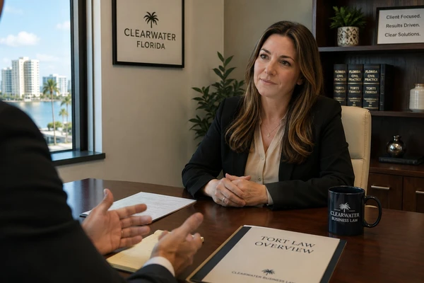 Attorney discussing tort law concepts with a client in a professional office setting in Clearwater Florida
