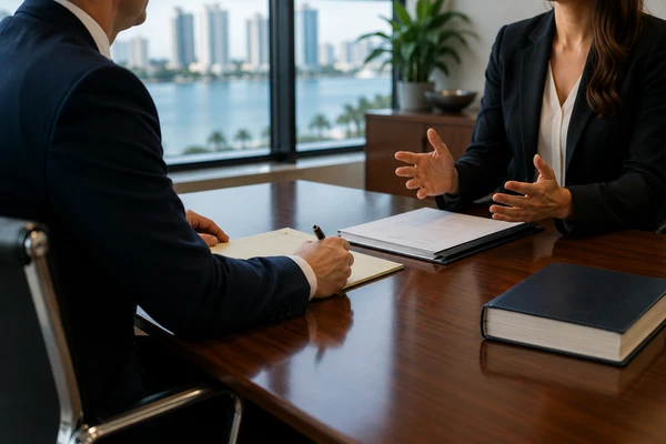 Business attorney discussing non-solicitation dispute with client in Clearwater Florida