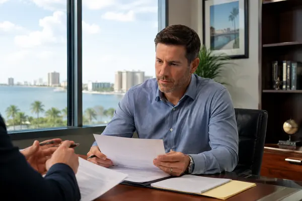 Business owner reviewing confidential documents with attorney at Clearwater Business Law office