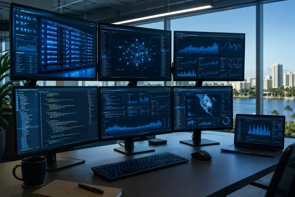 Secure digital database software code and business analytics displayed on multiple screens in a Clearwater Florida office