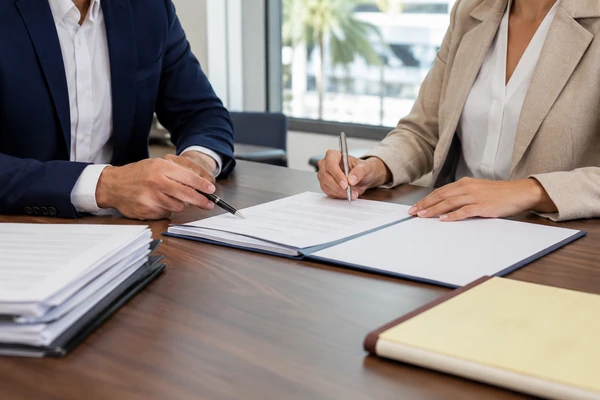 Business professionals reviewing commercial litigation documents at Clearwater Business Law serving Holiday FL