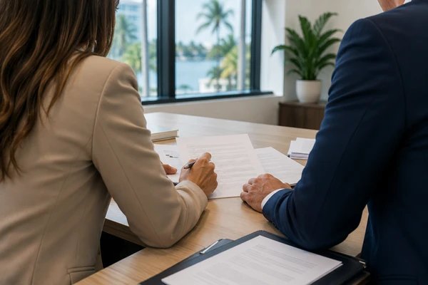 Florida business attorney and client reviewing shareholder agreement documents at Clearwater Business Law