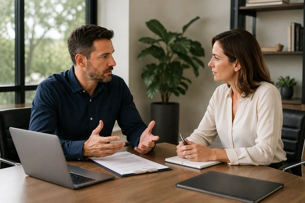 Two business professionals in a discussion about a non-compete dispute — Florida business litigation attorney Clearwater Business Law