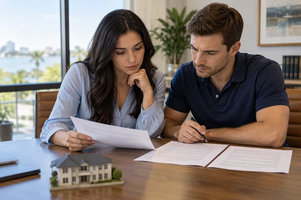 Couple reviewing new construction home contract documents at a law office table in Florida - Clearwater Business Law
