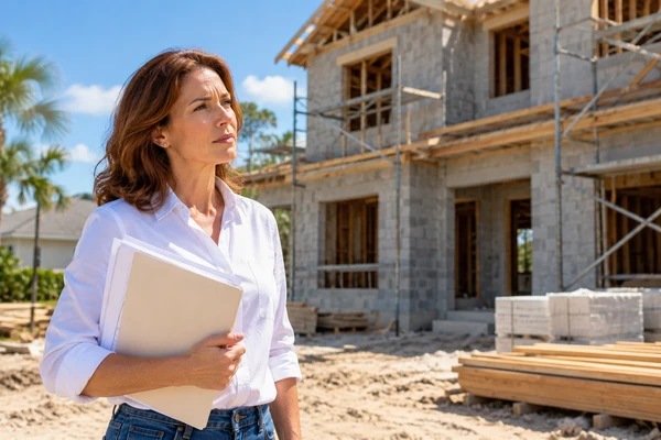 Homebuyer standing outside unfinished new construction home in Florida holding contract documents - Clearwater Business Law